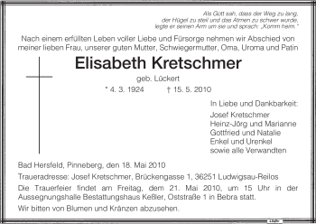 Traueranzeige von Elisabeteh Kretschmer von HERSFELDER ZEITUNG