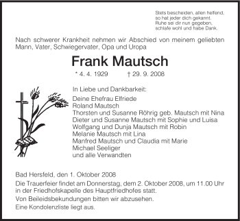 Traueranzeige von Frank Mautsch von HERSFELDER ZEITUNG