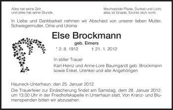 Traueranzeige von Else Brockmann von HERSFELDER ZEITUNG