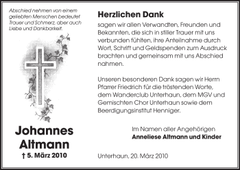 Traueranzeige von Johannes Altmann von HERSFELDER ZEITUNG