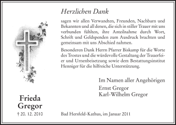 Traueranzeige von Frieda Gregor von HERSFELDER ZEITUNG