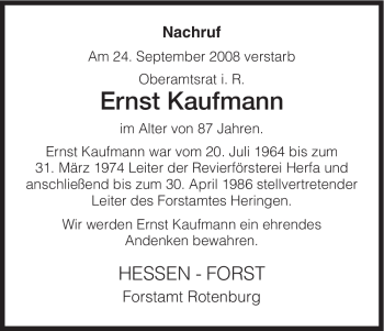 Traueranzeige von Ernst Kaufmann von HERSFELDER ZEITUNG