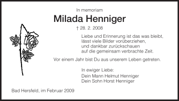 Traueranzeige von Milada Henniger von HERSFELDER ZEITUNG