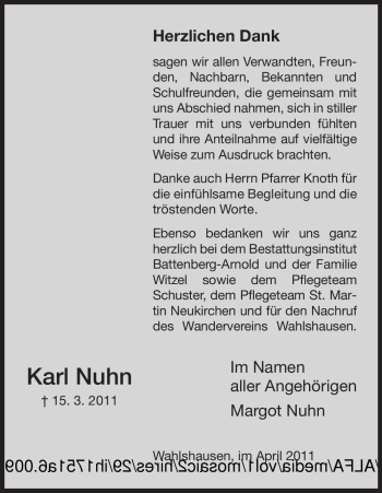 Traueranzeige von Karl Nuhn von HERSFELDER ZEITUNG