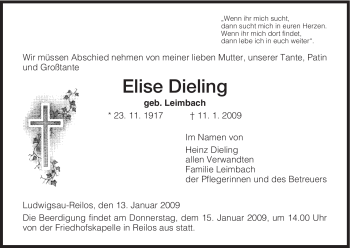 Traueranzeige von Elise Dieling von HERSFELDER ZEITUNG