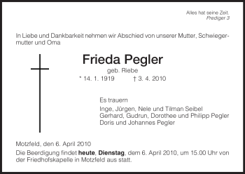 Traueranzeige von Frieda Pegler von HERSFELDER ZEITUNG