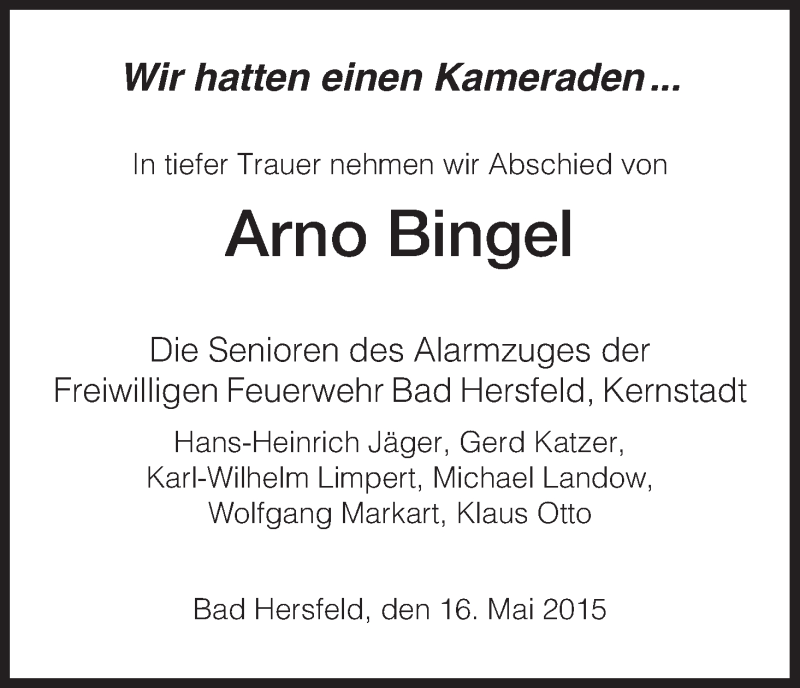  Traueranzeige für Arno Bingel vom 16.05.2015 aus Hersfeld