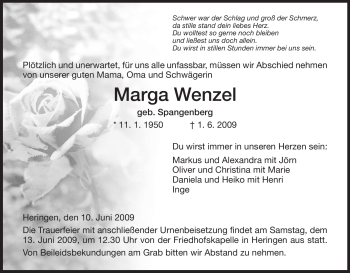 Traueranzeige von Marga Wenzel von HERSFELDER ZEITUNG