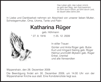 Traueranzeige von Katharina Rüger von HERSFELDER ZEITUNG