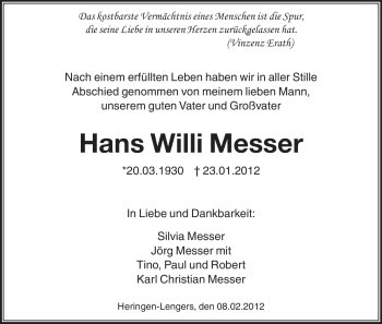 Traueranzeige von Hans Willi Messer von HERSFELDER ZEITUNG