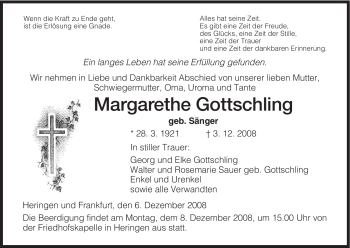 Traueranzeige von Margarethe Gottschling von HERSFELDER ZEITUNG