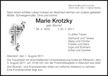 Traueranzeige von Marie Krotzky von HERSFELDER ZEITUNG