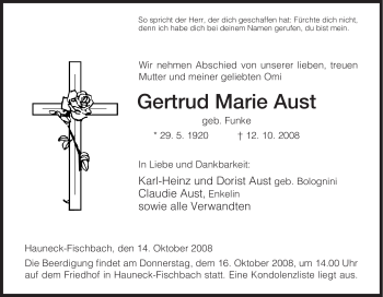 Traueranzeige von Gertrud Marie Aust von HERSFELDER ZEITUNG