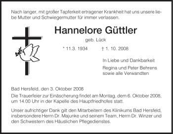 Traueranzeige von Hannelore Guettler von HERSFELDER ZEITUNG