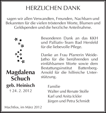 Traueranzeige von Magdalena Schuch von HERSFELDER ZEITUNG