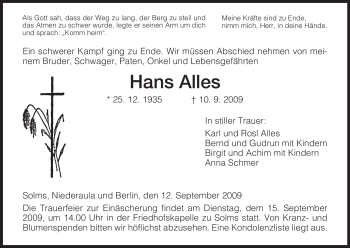 Traueranzeige von Hans Alles von HERSFELDER ZEITUNG