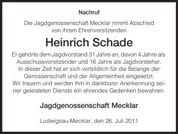 Traueranzeige von Heinrich Schade von HERSFELDER ZEITUNG