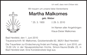 Traueranzeige von Martha Malkomes von HERSFELDER ZEITUNG