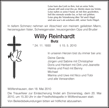 Traueranzeige von Willy Reinhardt von HERSFELDER ZEITUNG