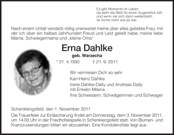 Traueranzeige von Erna Dahlke von HERSFELDER ZEITUNG
