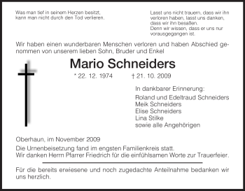 Traueranzeige von Mario Schneiders von HERSFELDER ZEITUNG