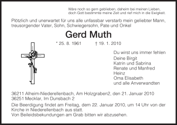 Traueranzeige von Gerd Muth von HERSFELDER ZEITUNG