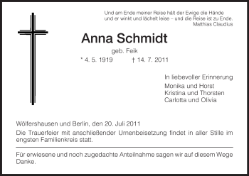 Traueranzeige von Anna Schmidt von HERSFELDER ZEITUNG