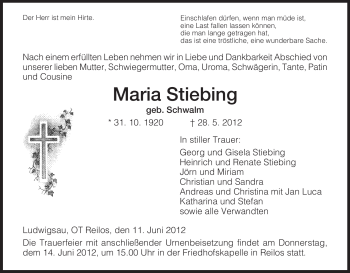 Traueranzeige von Maria Stiebing von HERSFELDER ZEITUNG