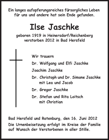 Traueranzeige von Ilse Jaschke von HERSFELDER ZEITUNG