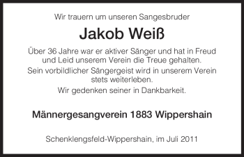 Traueranzeige von Jakob Weiß von HERSFELDER ZEITUNG