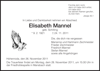 Traueranzeige von Elisabeth Mannel von HERSFELDER ZEITUNG