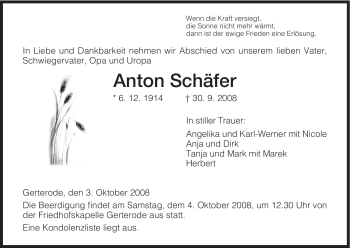 Traueranzeige von Anton Schäfer von HERSFELDER ZEITUNG