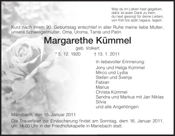 Traueranzeige von Margarethe Kümmel von HERSFELDER ZEITUNG