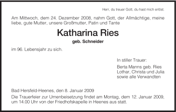 Traueranzeige von Katharina Ries von HERSFELDER ZEITUNG