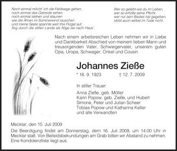 Traueranzeige von Johannes Zieße von HERSFELDER ZEITUNG