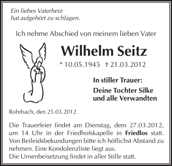 Traueranzeige von Wilhelm Seitz von HERSFELDER ZEITUNG