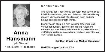 Traueranzeige von Anna Hansmann von HERSFELDER ZEITUNG