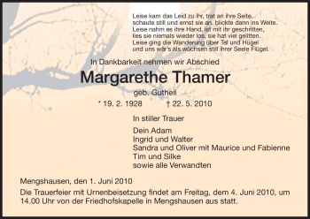 Traueranzeige von Margarethe Thamer von HERSFELDER ZEITUNG