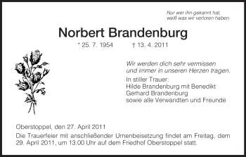 Traueranzeige von Norbert Brandenburg von HERSFELDER ZEITUNG