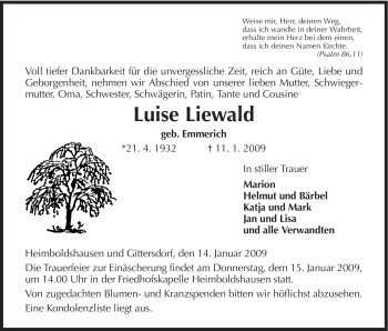 Traueranzeige von Luise Liewald von HERSFELDER ZEITUNG