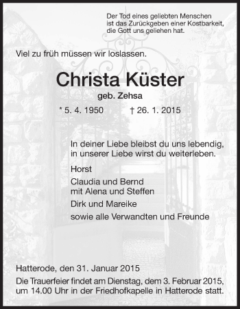 Traueranzeige von Christa Küster von Hersfeld