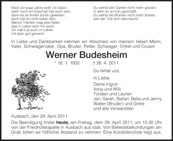 Traueranzeige von Werner Budesheim von HERSFELDER ZEITUNG