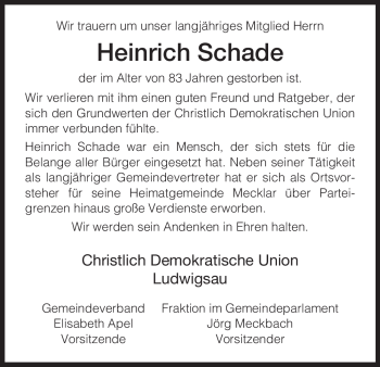 Traueranzeige von Heinrich Schade von HERSFELDER ZEITUNG