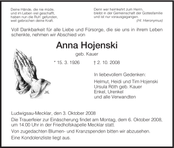 Traueranzeige von Anna Hojenski von HERSFELDER ZEITUNG