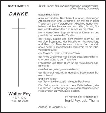 Traueranzeige von Walter Fey von HERSFELDER ZEITUNG