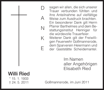 Traueranzeige von Willi Ried von HERSFELDER ZEITUNG