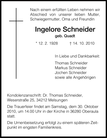 Traueranzeige von Ingelore Schneider von HERSFELDER ZEITUNG