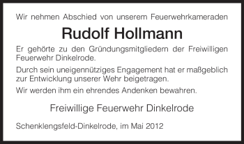 Traueranzeige von Rudolf Hollmann von HERSFELDER ZEITUNG