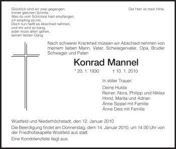 Traueranzeige von Konrad Mannel von HERSFELDER ZEITUNG