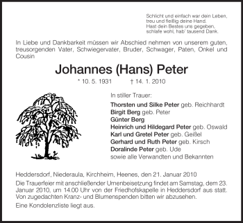 Traueranzeige von Johannes Peter von HERSFELDER ZEITUNG